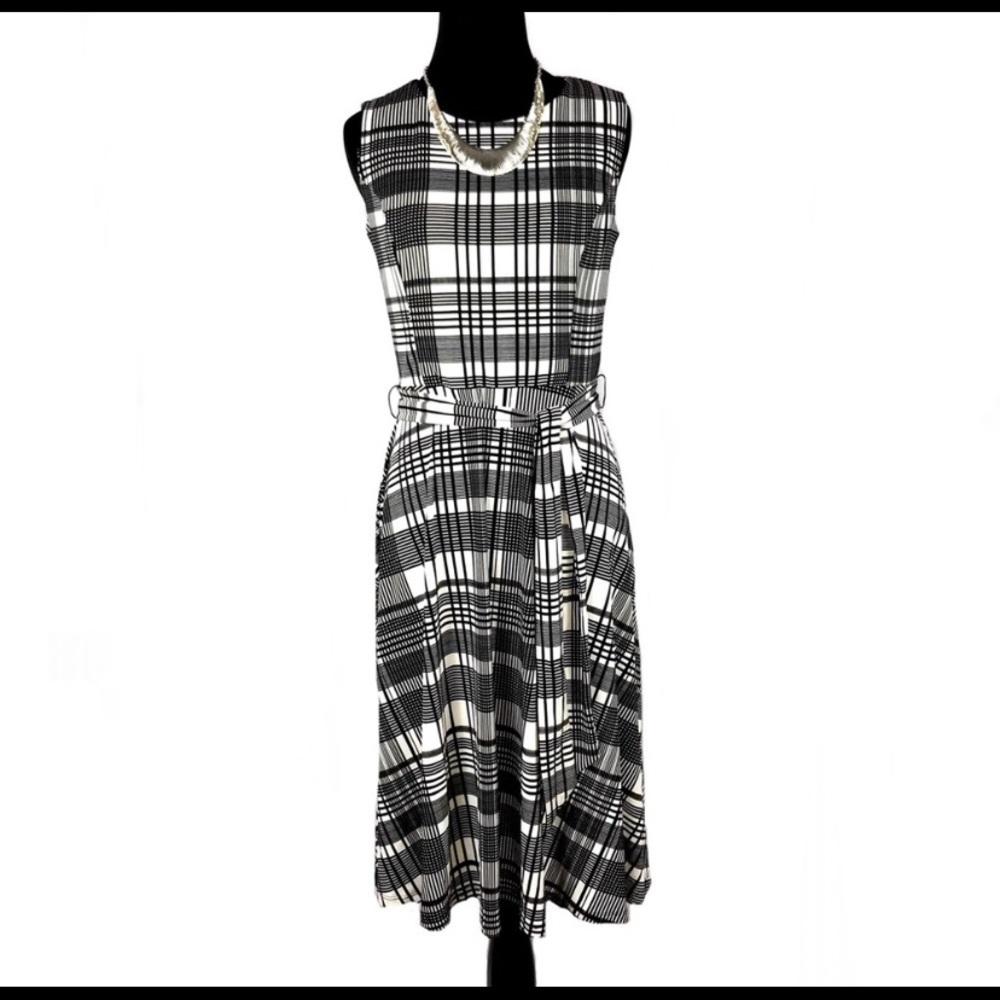 Charter Club Petite Black and White A-Line Dress with Tie Belt